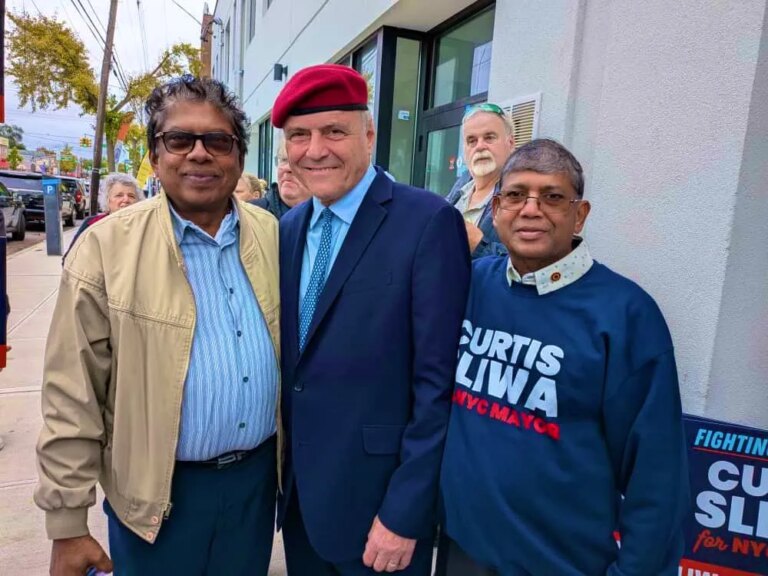 Curtis Sliwa poses for a photo with supporters in Queens during the 2025 NYC mayoral election. The veteran New York gadfly is enjoying a moment of TikTok popularity.
