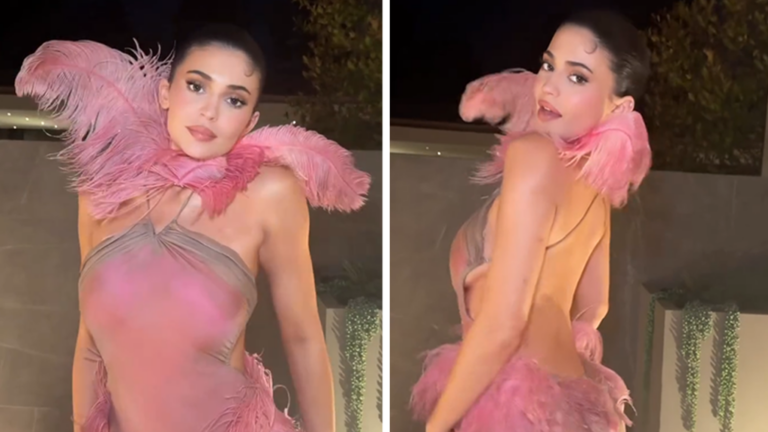 Kylie Jenner Shows Off Figure in Backless Feather Dress