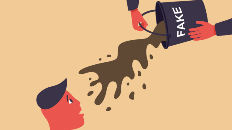 An illustration of someone pouring a bucket of slop on a person.