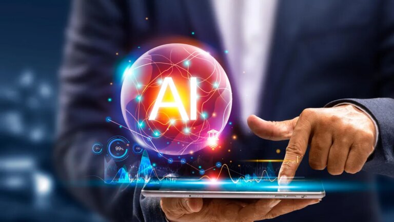 A man using a tablet and a sphere hologram with AI in it above the tablet