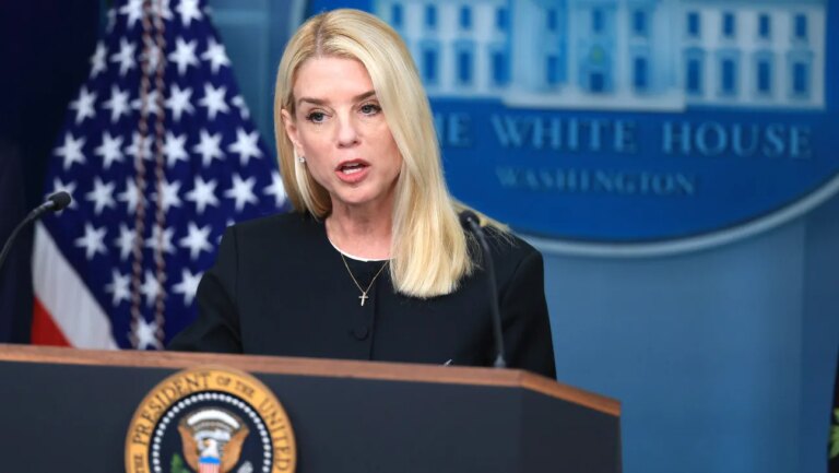 U.S. Attorney General Pam Bondi addressing the White House press corps last month.