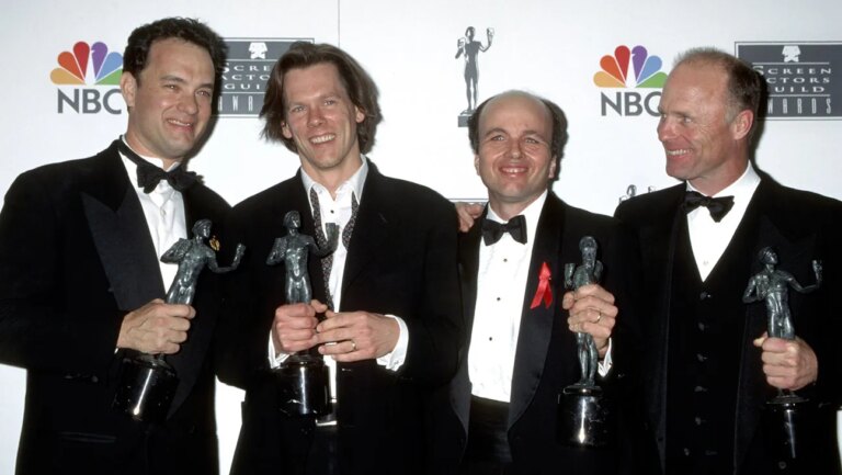 The SAG Award That Made ‘Apollo 13’ Film to Beat at 1996 Oscar Race From left: Tom Hanks, Kevin Bacon, Clint Howard — who, THR noted, told the press that night that Apollo 13 was certain to win the best picture Oscar and Ed Harris with their SAG ensemble trophies.