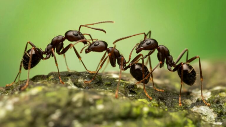 Image of a group of four ants in front of a green backdrop.