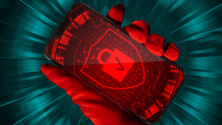 Illustration of a gloved hand holding a smartphone that displays an image of a padlock with a Verizon logo