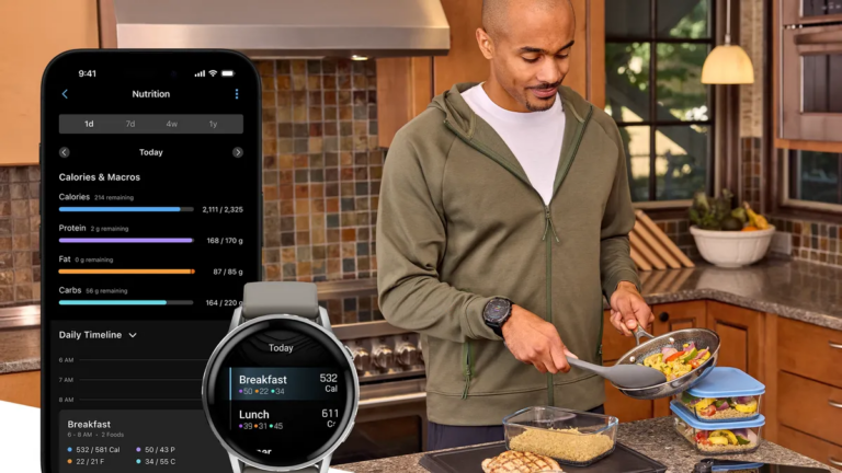 The Garmin nutrition tracking feature next to a smartwatch with a person cooking food in the background.