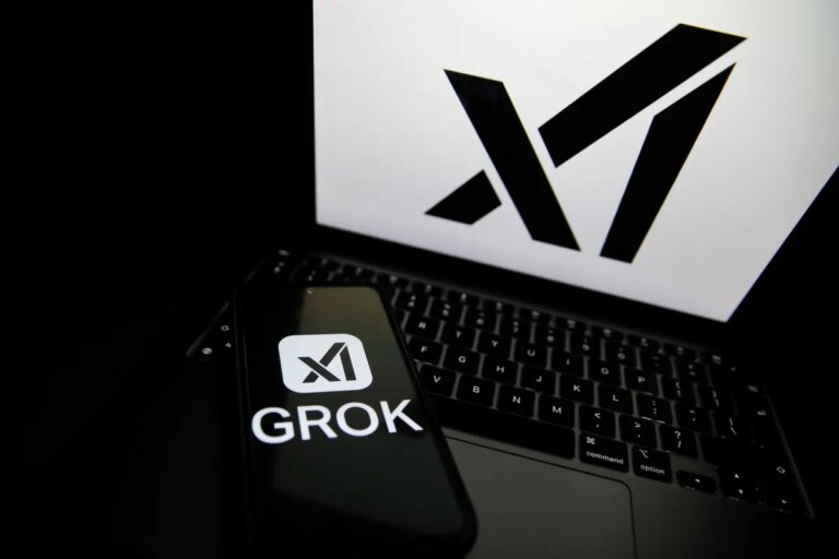 The Grok logo appears on a phone and the xAI logo is displayed on a laptop.