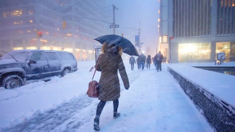 Snow, Ice, and Power Outages? What This Winter Storm Could Mean for You a person in a brown coat holding an umbrella and walking in a winter storm in Manhattan