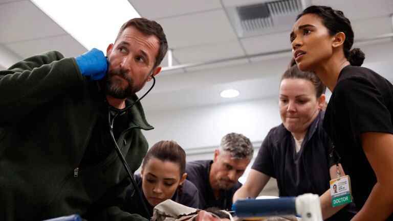 Noah Wyle, Supriya Ganesh and more of the 'Pitt' crew, treating patients.