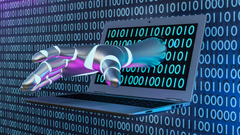 Cyborg's hand coming from laptop screen with a digital binary code theme background.