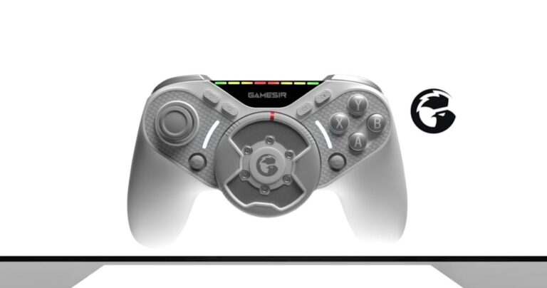 This game controller has a force feedback steering wheel lodged in the middle
