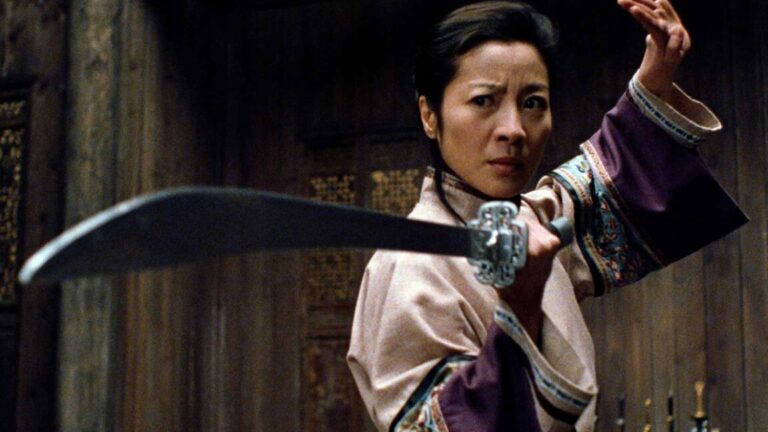 A Valentine’s Day homage to Crouching Tiger, Hidden Dragon Michelle Yeoh in wuxia period garb brandishing a sword in a fighting stance