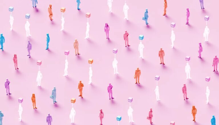 3D rendered conceptual illustration of numerous business figures evenly scattered across a soft pink background: solid colored human workers standing alongside identical translucent ghost-like figures, each translucent worker marked by a glowing “AI” symbol hovering above – powerful visualization of artificial intelligence replacing human workforce, solid employees mixed with their AI-replaced counterparts, automation displacing jobs, digital transformation eliminating roles, technological unemployment, workforce disruption, future of work with AI substitution, and the new era where real human workers are gradually replaced by artificial intelligence.