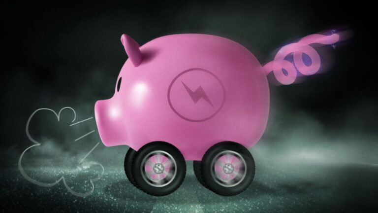 A piggy bank on wheels with an electric bolt for a tail
