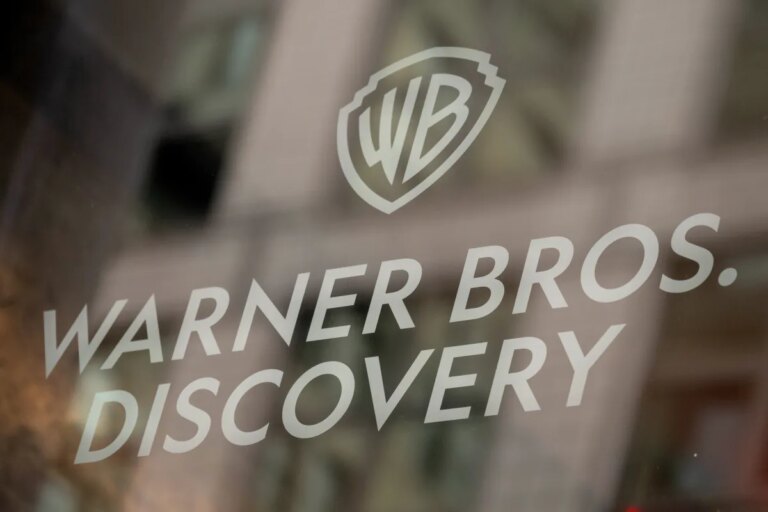 Signage at the Warner Bros. Discovery headquarters in New York