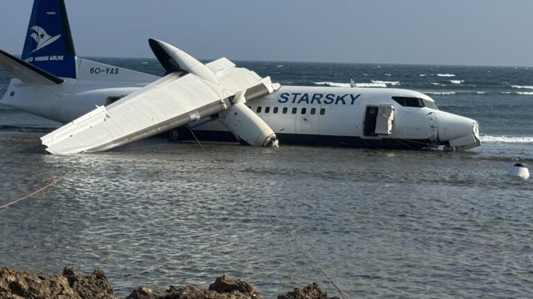 Passenger plane in Somalia overshoots the runway into shallow seawater near the airport