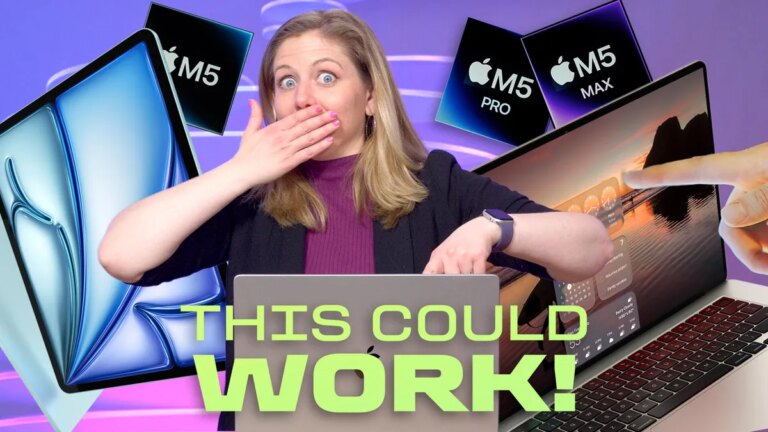 Bridget Carey stands in front of a MacBook, pointing at the screen.