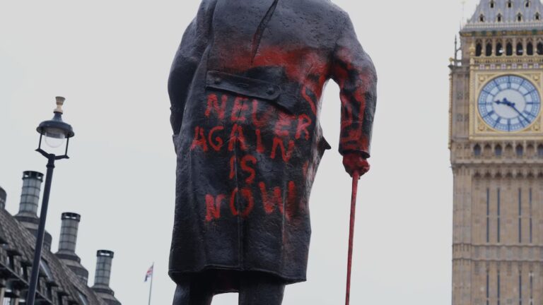 Suspect arrested after London Churchill statue defaced with pro-Palestinian graffiti Suspect arrested after London Churchill statue defaced with pro-Palestinian graffiti