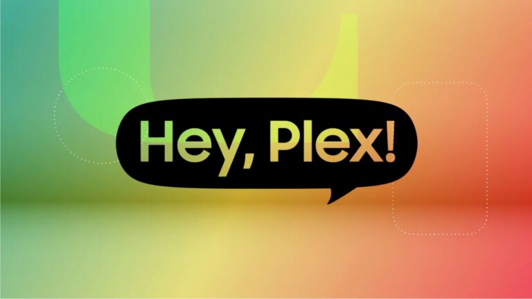 A black caption bubble that reads Hey, Plex!