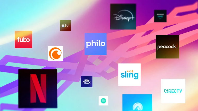 An assortment of streamers' logos on a multicolored background
