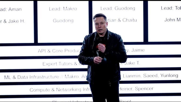 Elon Musk stands in front of xAI's new org chart