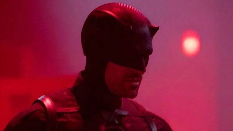Jessica Jones joins the fray in Daredevil: Born Again trailer man in daredevil costume against a dimly lit purplish pink background